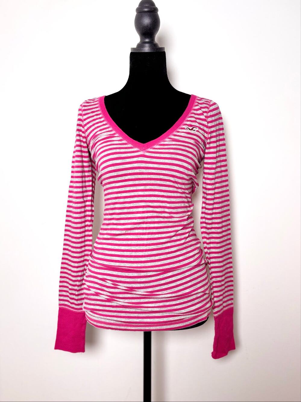 Y2K Hollister Pink Grey Striped Fitted Full Length Long Sleeve Seagull Logo XS